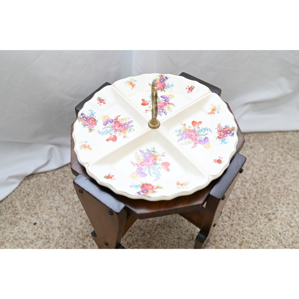 Vintage Made in Japan Floral Divided Serving Tray 11 Inch Scalloped Gold Trim